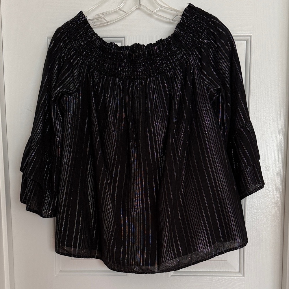 INC International Concepts Black Metallic Stripe Off-Shoulder Blouse